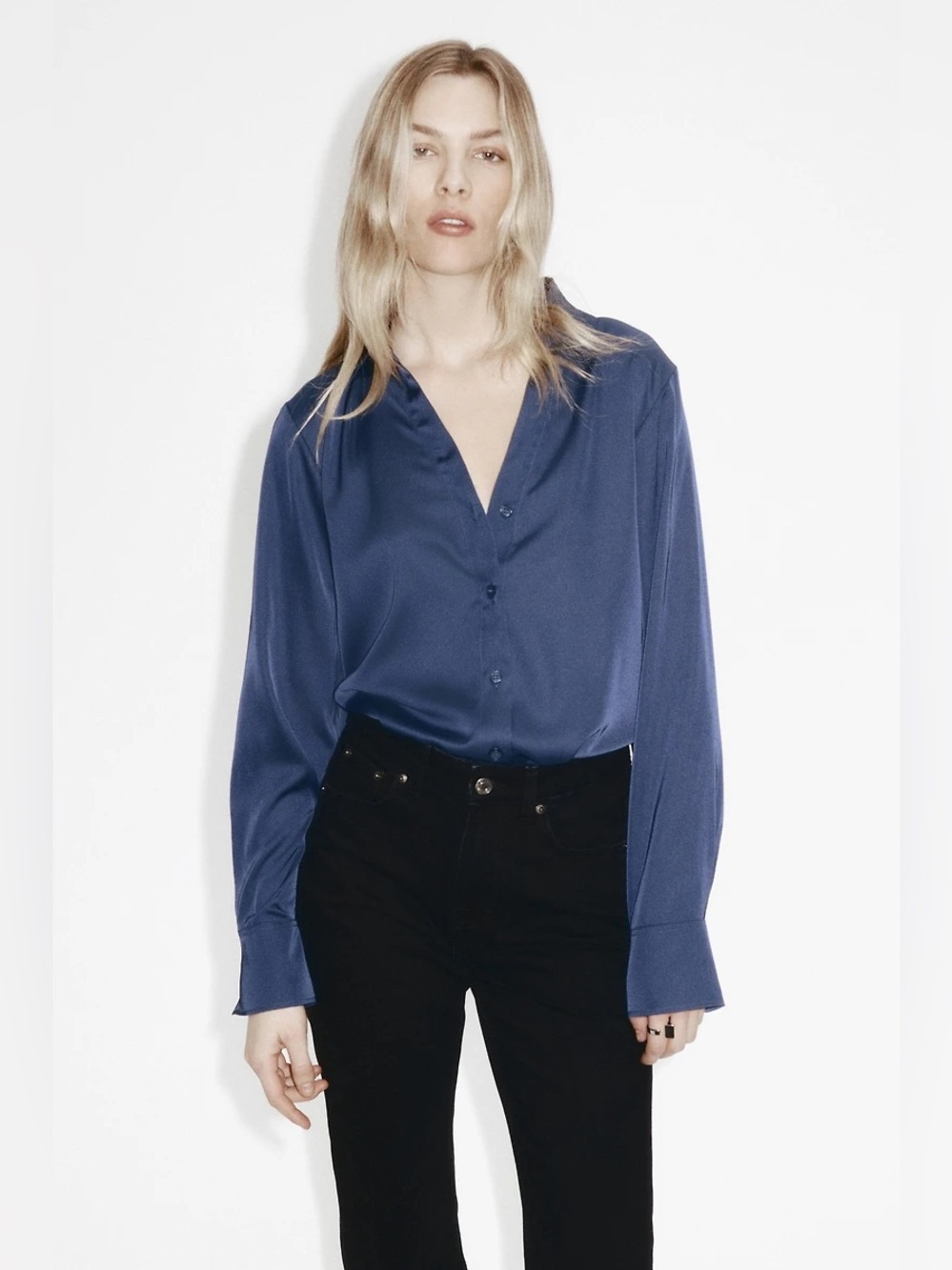 H&M Navy Satin Button-Down Blouse
